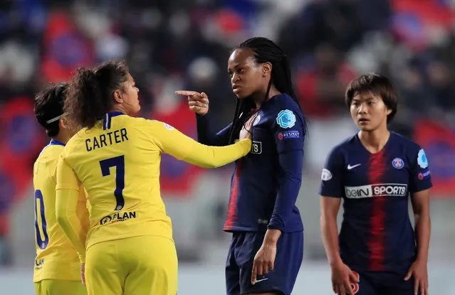 Paris St Germain's Marie-Antoinette Katoto clashes with Chelsea's Jessica Carter during the UEFA Women's Champions League quarter final second Leg football match between Paris Saint-Germain and Chelsea at the Jean Bouin stadium in Paris on March 27, 2019. (Photo by Gonzalo Fuentes/Reuters)
