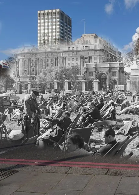People sunbathing in Hyde Park in 1956 with Marble Arch and the Odeon cinema in the background in 2014. (Photo by Museum of London/Streetmuseum app)