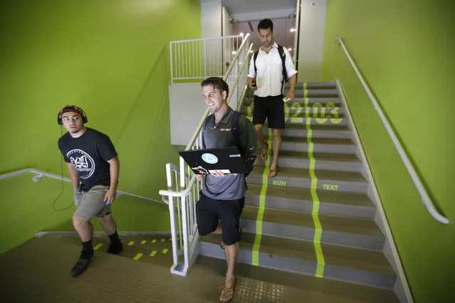 Utah Valley University students walks along the bright green lanes painted on the stairs to the gym Thursday, June 18, 2015, at Utah Valley University, in Orem, Utah. Utah Valley University spokeswoman Melinda Colton said  the green lanes were intended as a lighthearted way to brighten up the space and get students attention. (AP Photo/Rick Bowmer) 
