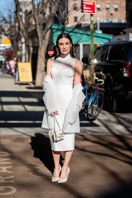 Singer Lea Michele is seen wearing white dress outside Herve Leger during New York Fashion Week on February 11, 2022 in New York City. (Photo by Christian Vierig/Getty Images)