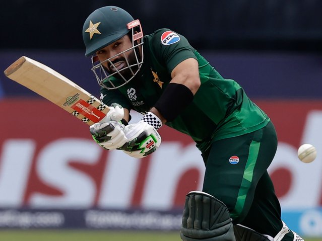 Pakistan's Mohammad Rizwan plays a shot during the ICC Men's T20 World Cup cricket match between Pakistan and Canada at the Nassau County International Cricket Stadium in Westbury, New York, Tuesday, June 11, 2024. (Photo by Adam Hunger/AP Photo)