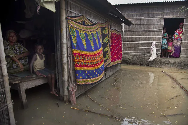 Indian villagers look out from inside their houses partially submerged in flood waters in Burgaon, 80 kilometers (50 miles) east of Gauhati, Assam state, India, Wednesday, July 5, 2017. (Photo by Anupam Nath/AP Photo)