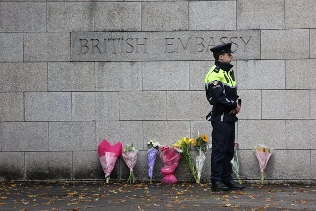 Flowers beginning to collect at the entrance to the British Embassy on Merrion Road, Dublin on September 9, 2022. (Photo by Nick Bradshaw for The Irish Times)