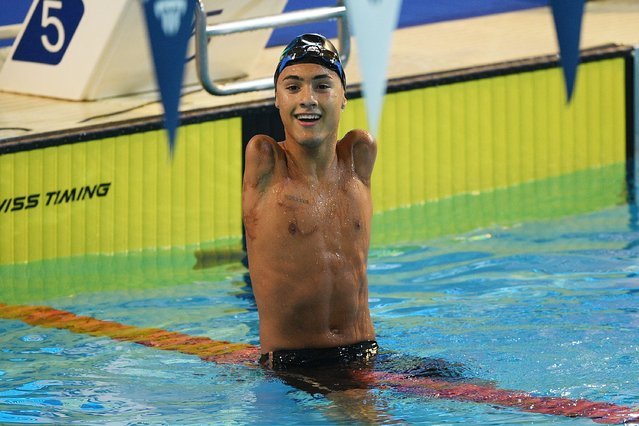 Samuel da Silva de Oliveira of Team Brazil celebrates winning Gold in the Men's 50m Backstroke S5 Final during Day Two of the 2022 World Para Swimming Championships at Penteada Olympic Pools Complex on June 13, 2022 in Funchal, Madeira, Portugal. (Photo by Octavio Passos/Getty Images)