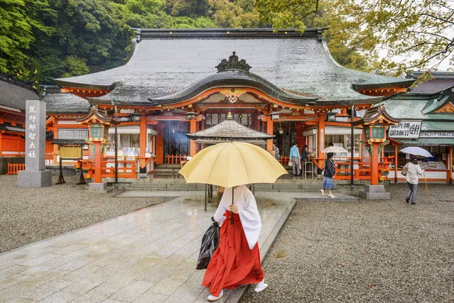 A shinto priest and several tourists walk in the rain at Kumano Nachi Taisha Shrine's Heiden hall in Nachi, Japan on April 21, 2014. The shrine is a World Heritage Site and a major stop on the Kumano Kodo pilgrimage route. (Photo by Sean Pavone/iStock)