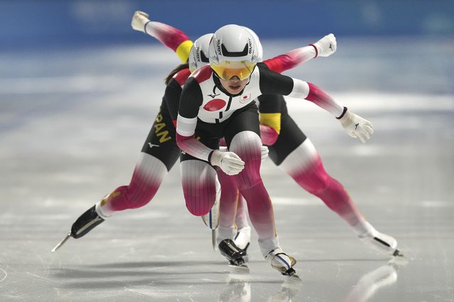 Team Japan competes during the women's team pursuit speed skating final at the 9th Asian Winter Games in Harbin, China on Tuesday, February 11, 2025. (Photo by Aaron Favila/AP Photo)