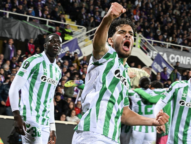 Betis's Abde Ezzalzouli celebrates after scoring the 2-2 equalizing goal during the UEFA Conference League semi finals 2nd leg match ACF Fiorentina vs Betis Sevilla at Artemio Franchi Stadium in Florence, Italy, 08 May 2025. (Photo by Claudio Giovannini/EPA)