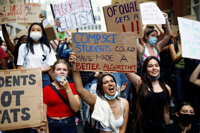 A level students hold placards as they protest outside the Department for Education, amid the outbreak of the coronavirus disease (COVID-19), in London, Britain, August 16, 2020. (Photo by Henry Nicholls/Reuters)