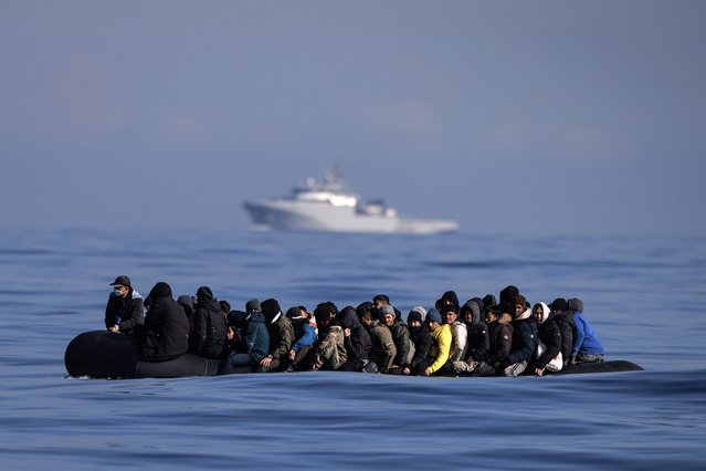 An inflatable dinghy carrying around 65 migrants crosses the English Channel on March 06, 2024 in the English Channel. According to official figures 401 migrants arrived in the UK by small boat on Monday, the busiest day of the year so far for Channel crossings. This brings the provisional total number of UK arrivals so far this year to 2,983. Government data indicates this is more than the 2,953 logged this time last year and surpasses the running totals documented between January 1 and March 4 each year since current records began in 2018. (Photo by Dan Kitwood/Getty Images)