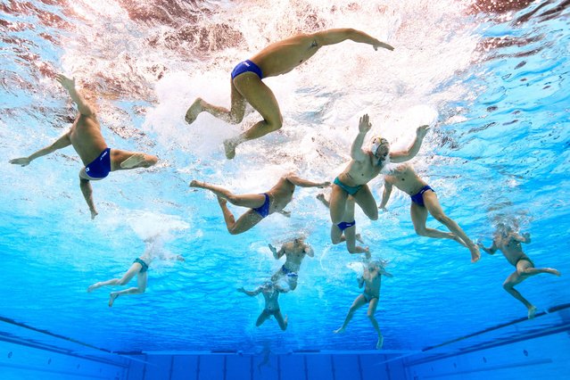 Angus Lambie of Team Australia is challenged by an opponent in the Preliminary Round Men's Water Polo match between Australia and Japan on day six of the Singapore 2025 World Aquatics Championships at OCBC Aquatic Centre on July 16, 2025 in Singapore. (Photo by Adam Pretty/Getty Images)