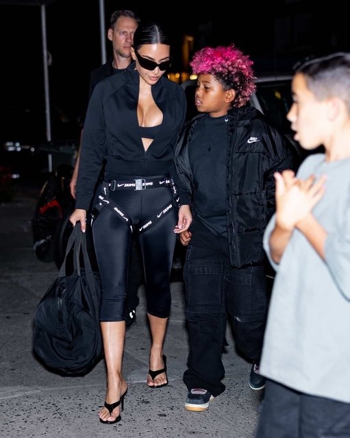 Reality star Kim Kardashian rocks her new NikeSKIMS collab to dinner with her son Saint at Serendipity in New York on September 23, 2025. (Photo by The Hapa Blonde/Backgrid USA)