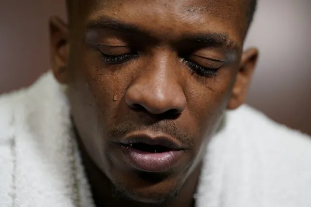 Texas guard Sir'Jabari Rice sheds a tear in the locker room after their loss against Miami in an Elite 8 college basketball game in the Midwest Regional of the NCAA Tournament Sunday, March 26, 2023, in Kansas City, Mo. (Photo by Jeff Roberson/AP Photo)