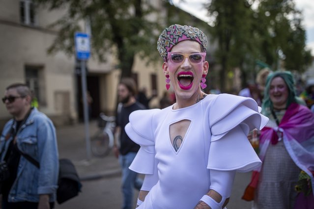 A reveler takes part in the Pride March in Vilnius, Lithuania, Saturday, June 8, 2024. (Photo by Mindaugas Kulbis/AP Photo)