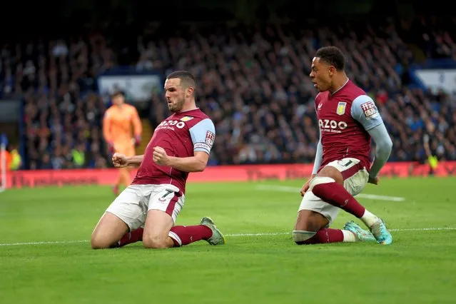 John McGinn of Aston Villa scores for Aston Villa during the Premier League match between Chelsea FC and Aston Villa at Stamford Bridge on April 01, 2023 in London, England. (Photo by Neville Williams/Aston Villa FC via Getty Images)