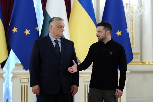 Hungary's Prime Minister Viktor Orban and Ukrainian President Volodymyr Zelenskiy are shaking hands before their meeting in Kyiv, Ukraine, on July 2, 2024 (Photo by Maxym Marusenko/NurPhoto via Getty Images)