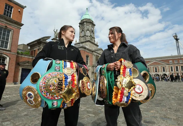 Irish professional boxer Katie Taylor and British professional boxer Chantelle Cameron on May 18, 2023 in Dublin Castle ahead of their Undisputed Super-Lightweight World Title Fight in Dublin on Saturday night. (Photo by Mark Robinson/Matchroom Boxing)