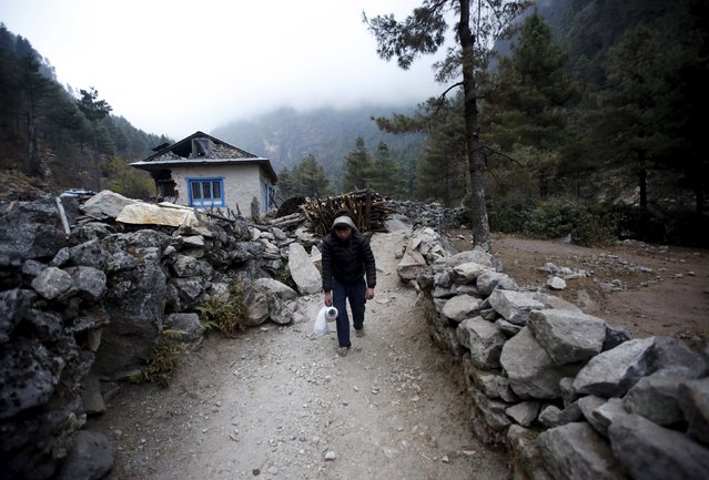 A villager carrying firewood walks past a house that was damaged during the earthquake earlier this year, during an ongoing fuel and cooking gas shortage, in Solukhumbu District, also known as the Everest region, in this picture taken November 28, 2015. (Photo by Navesh Chitrakar/Reuters)