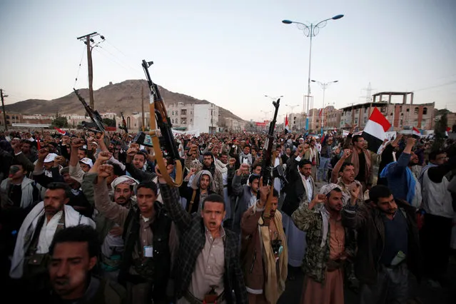Followers of the Shi'ite Houthi movement shout slogans as they attend a rally commemorating the death of Imam Zaid bin Ali in Sanaa, Yemen October 26, 2016. (Photo by Khaled Abdullah/Reuters)