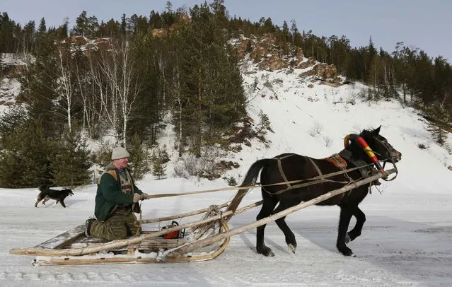 Mikhail Demchenko, 58, a father of three adult children who live in another city, rides his mare named Docha while sitting in a self-made traditional wooden sledge on his way to Taiga forest to gather fire wood for furnace in Verkhnyaya Biryusa village, near the Russian Siberian city of Krasnoyarsk, February 16, 2015. (Photo by Ilya Naymushin/Reuters)