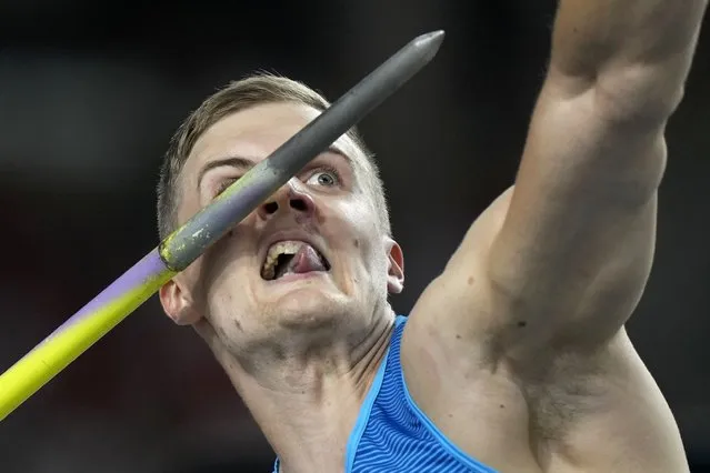 Oliver Helander, of Finland, makes an attempt in in the Men's javelin throw final during the World Athletics Championships in Budapest, Hungary, Sunday, August 27, 2023. (Photo by Matthias Schrader/AP Photo)