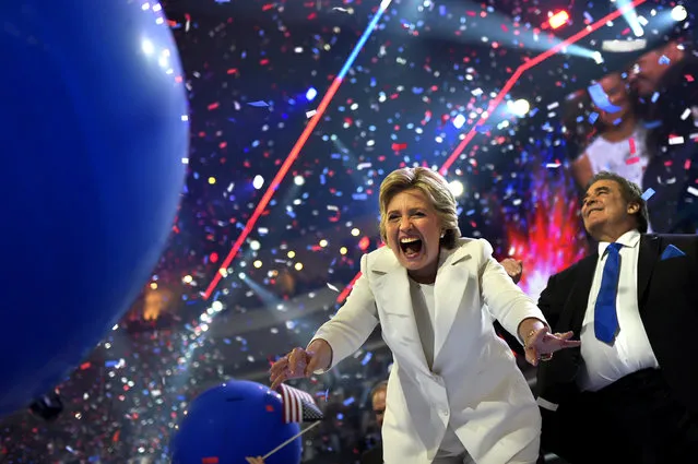 Hillary Clinton  celebrates on stage after accepting the Presidential nomination at the Democratic National Convention in Philadelphia on July 28, 2016. (Photo by Michael Robinson Chavez/The Washington Post)
