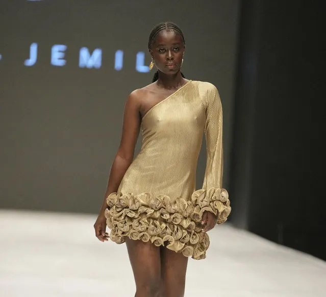 A model wears a creation by Jewel Jemila during the Lagos Fashion Week in Lagos, Nigeria, Thursday, October 26, 2023. (Photo by Sunday Alamba/AP Photo)