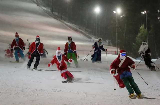 Skiers and snowboarders dressed as Ded Moroz, Russian equivalent of Santa Claus, and Snegurocka (Snow Maiden) glide down on a slope during the Ded Moroz and Snegurochka Night to mark upcoming of the New Year celebration at the Bobrovy Log ski resort in the suburbs of Krasnoyarsk, Siberia, Russia December 29, 2016. (Photo by Ilya Naymushin/Reuters)