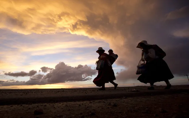In this December 20, 2016 photo, Aymara indigenous women, one carrying a baby on her back, walk home after working in their fields during a severe and prolonged drought on the outskirts of Pucarani, Bolivia. While there have been isolated heavy rains in recent weeks, they haven't yet been enough to compensate for months of drier than usual weather. (Photo by Juan Karita/AP Photo)