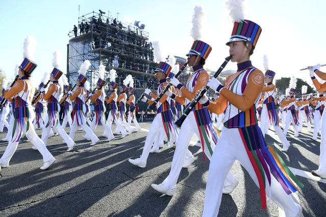 The Flower Mound (Texas) High School Band performs during the 130th Rose Parade in Pasadena, Calif., Tuesday, January 1, 2019. (Photo by Michael Owen Baker/AP Photo)