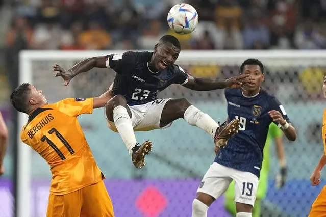 Ecuador's Moises Caicedo,centre, jumps to head the ball during the World Cup group A soccer match between the Netherlands and Ecuador, at the Khalifa International Stadium in Doha, Qatar, Friday, November 25, 2022. (Photo by Martin Meissner/AP Photo)