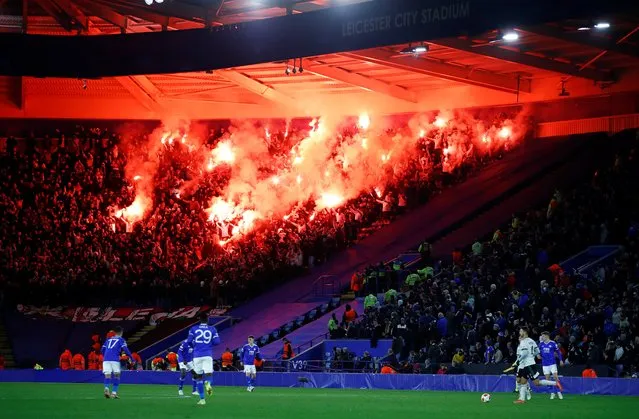 Flares are let off by Legia Warsaw fans in the away at Leicester City Stadium during the UEFA Europa League group C match between Leicester City and Legia Warsaw at Leicester City Stadium on November 25, 2021 in Leicester, United Kingdom. (Photo by Plumb Images/Leicester City FC via Getty Images)