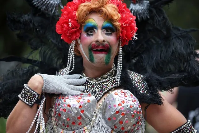 A participant prepares for the annual Gay and Lesbian Mardi Gras parade in Sydney, Saturday, March 4, 2017. (Photo by Rick Rycroft/AP Photo)
