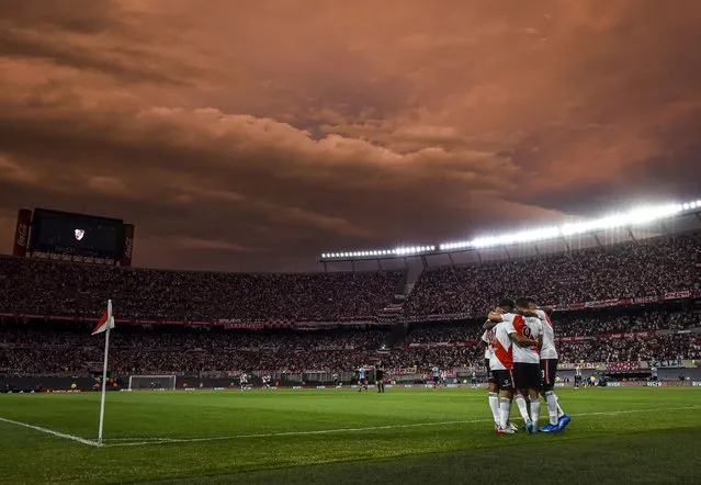 Esequiel Barco of River Plate celebrates with teammates after scoring the first goal of his team during a match between River Plate and Racing Club as part of Copa de la Liga 2022 at Estadio Monumental Antonio Vespucio Liberti on February 27, 2022 in Buenos Aires, Argentina. (Photo by Marcelo Endelli/Getty Images)