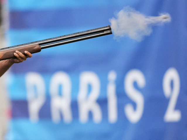 Tammaro Cassandro of Italy in action during the skeet men’s shooting qualification event at Chateauroux Shooting Centre in Deols, France on August 03, 2024. (Photo by Amr Alfiky/Reuters)