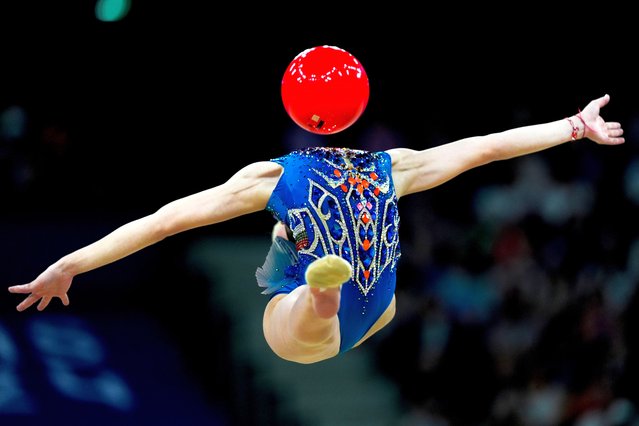 Stiliana Nikolova, of Bulgaria performs in the rhythmic gymnastics individuals all-round qualification round, at La Chapelle Arena at the 2024 Summer Olympics, Thursday, August 8, 2024, in Paris, France. (Photo by Francisco Seco/AP Photo)