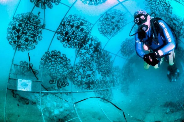 A diver swims passing an art installation titled “Domus Coronarius Circularis” at the coral conservation zone Bangsring beach in Banyuwangi, East Java province, March 9, 2022. (Photo by Budi Candra Setya/Antara Foto via Reuters)