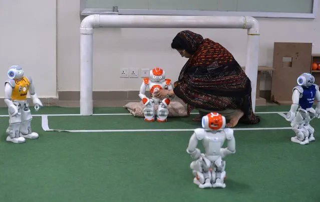 In this photograph taken on May 9, 2016, a Pakistani student and team member of Robotics and Intelligence Systems Engineering (RISE) places robot football players in the engineering department of the National University of Sciences and Technology in Islamabad. Students at Pakistan's National University of Science and Technology (NUST) will this year for the first time send a team to the annual RoboCup, an event featuring 32 universities that will be held in Leipzig, Germany from June 27 to July 4. (Photo by Aamir Qureshi/AFP Photo)