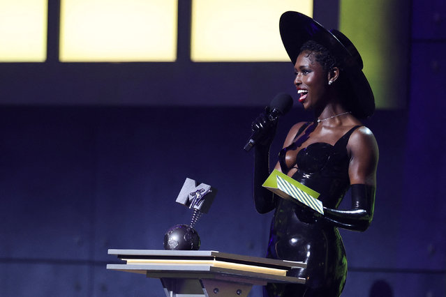 British actress Jodie Turner-Smith speaks on stage at the 2024 MTV Europe Music Awards at Manchester Co-op Live in Manchester, Britain, on November 10, 2024. (Photo by Phil Noble/Reuters)
