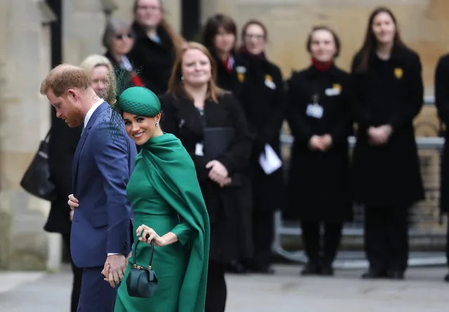 Britain's Prince Harry and Meghan, Duchess of Sussex arrive to attend the annual Commonwealth Day service at Westminster Abbey in London, Monday, March 9, 2020. The annual service organised by the Royal Commonwealth Society, is the largest annual inter-faith gathering in the United Kingdom. (Photo by Frank Augstein/AP Photo)