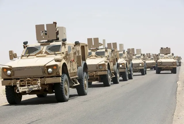 Military vehicles carrying Gulf Arab soldiers arrive at Yemen's northern province of Marib September 8, 2015. A Saudi-led alliance has deployed 10,000 troops to Yemen, Qatari news channel Al Jazeera said on Tuesday, in an apparent sign of determination to rout Iran-allied Houthi forces after they killed at least 60 Gulf Arab soldiers on Friday. (Photo by Reuters/Stringer)