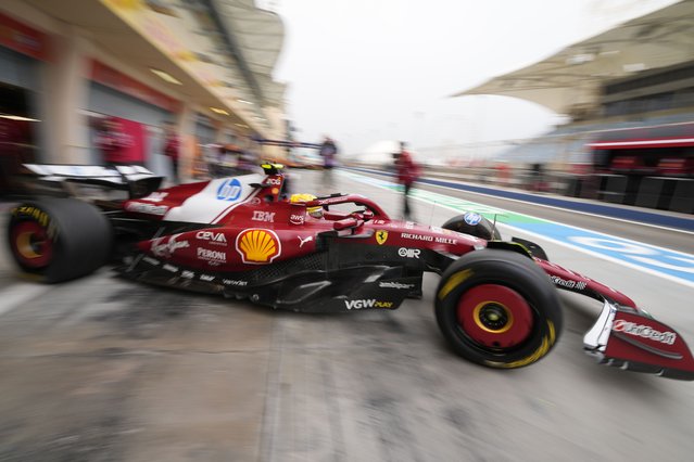 Ferrari driver Lewis Hamilton of Britain leaves the pit lane during a Formula One pre-season test at the Bahrain International Circuit in Sakhir, Bahrain, Thursday, February 27, 2025. (Photo by Darko Bandic/AP Photo)