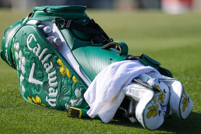 A detailed view of a golf bag on the first green during the first round of the 2025 Masters Tournament at Augusta National Golf Club on April 10, 2025 in Augusta, Georgia. (Photo by Andrew Redington/Getty Images/AFP Photo)