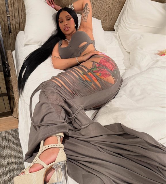 American rapper Cardi B lounges after attending the Revolve party during Coachella weekend 1 in the second decade of April 2025. (Photo by cardib/Instagram)