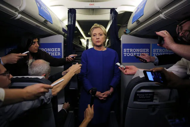 Democratic nominee Hillary Clinton talks to reporters about the explosion in Chelsea neighborhood of Manhattan, New York, as she arrives at the Westchester County airport in White Plains, U.S., September 17, 2016. (Photo by Carlos Barria/Reuters)
