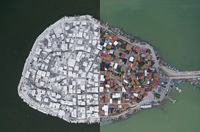 A composite image assembled of two single photos from left to right dated Jan. 25, 2022, Jan. 24, 2023 showing photos of settlements in winter season with same frames taken from same angle to show the difference of drought conditions between winter seasons at Golyazi Neighborhood on the shores of Lake Uluaba, in Bursa, Turkiye. (Photo by Sergen Sezgin/Anadolu Agency via Getty Images)