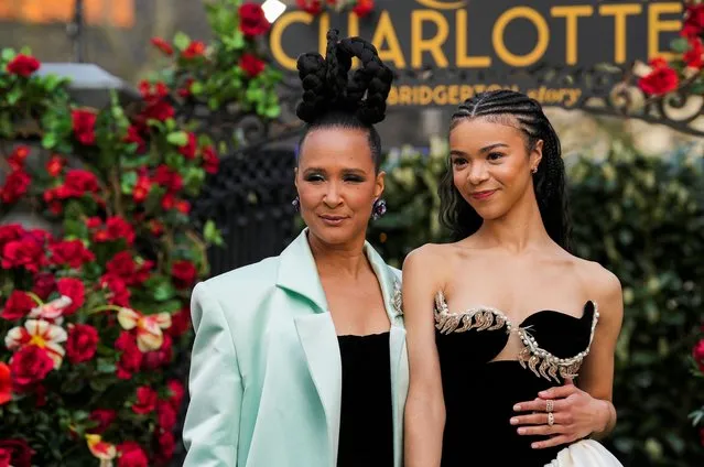 Cast members India Ria Amarteifio and Golda Rosheuvel attend the world premiere of the Netflix show “Queen Charlotte: A Bridgerton Story” in London, Britain on April 21, 2023. (Photo by Maja Smiejkowska/Reuters)