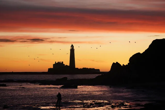 A pallet of changing colours as the sky lights up before sunrise at St Mary's Lighthouse in Whitley Bay, Tyne and Wear on the North East coast on November 22, 2020. (Photo by Owen Humphreys/PA Images via Getty Images)