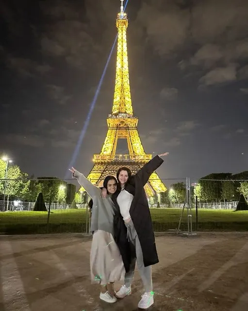 American singer and actress Selena Gomez visits the Eiffel Tower with a friend early June 2023. (Photo by selenagomez/Instagram)