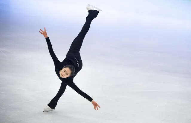 Japan's Satoko Miyahara practices during a training session prior to the 2021 ISU World Figure Skating Championships at the Stockholm Globe Arena in Stockholm, Sweden, on March 22, 2021. The event is scheduled to be held from March 24 to March 28, 2021. (Photo by Pontus Lundahl/TT News Agency/AFP Photo)