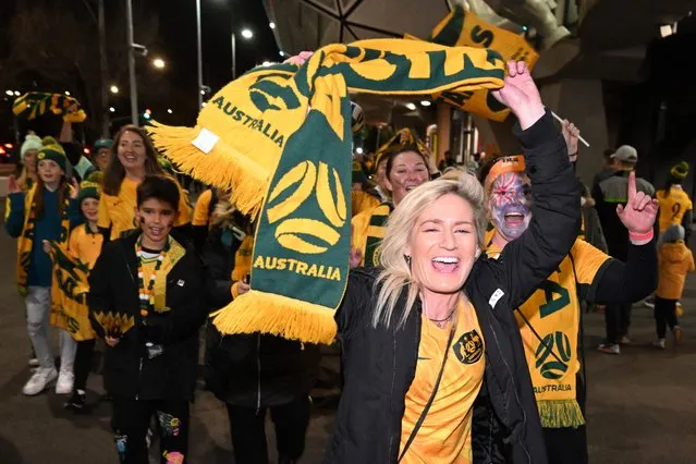 Supporters of Australia are seen prior to the Australia and New Zealand 2023 Women's World Cup Group B football match between Canada and Australia at Melbourne Rectangular Stadium, also known as AAMI Park, in Melbourne on July 31, 2023. (Photo by William West/AFP Photo)